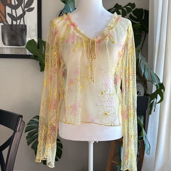 NWOT Free People Postcard from Paris Long Sleeve Lace Yellow Sheer M Embroidered - Picture 6 of 16